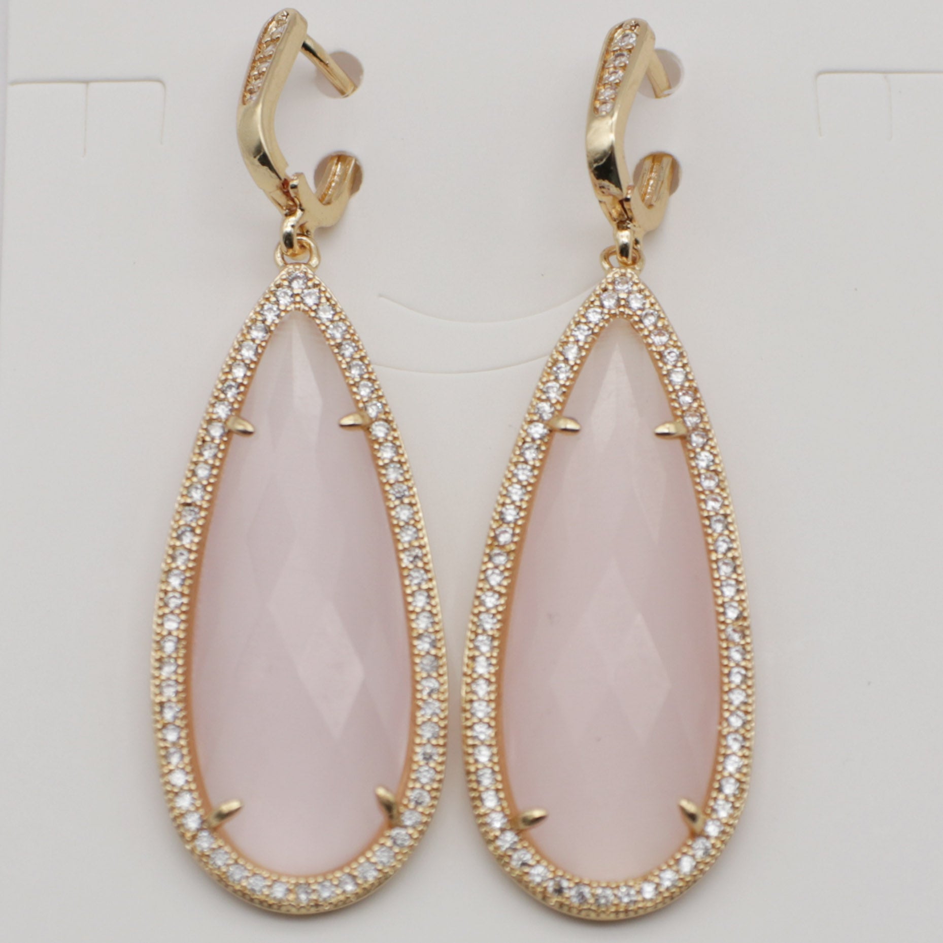 Fashion French Clasp Drop Earring Natural Stone Pendant Brass Plated With Cubic Zircon For Young Lady