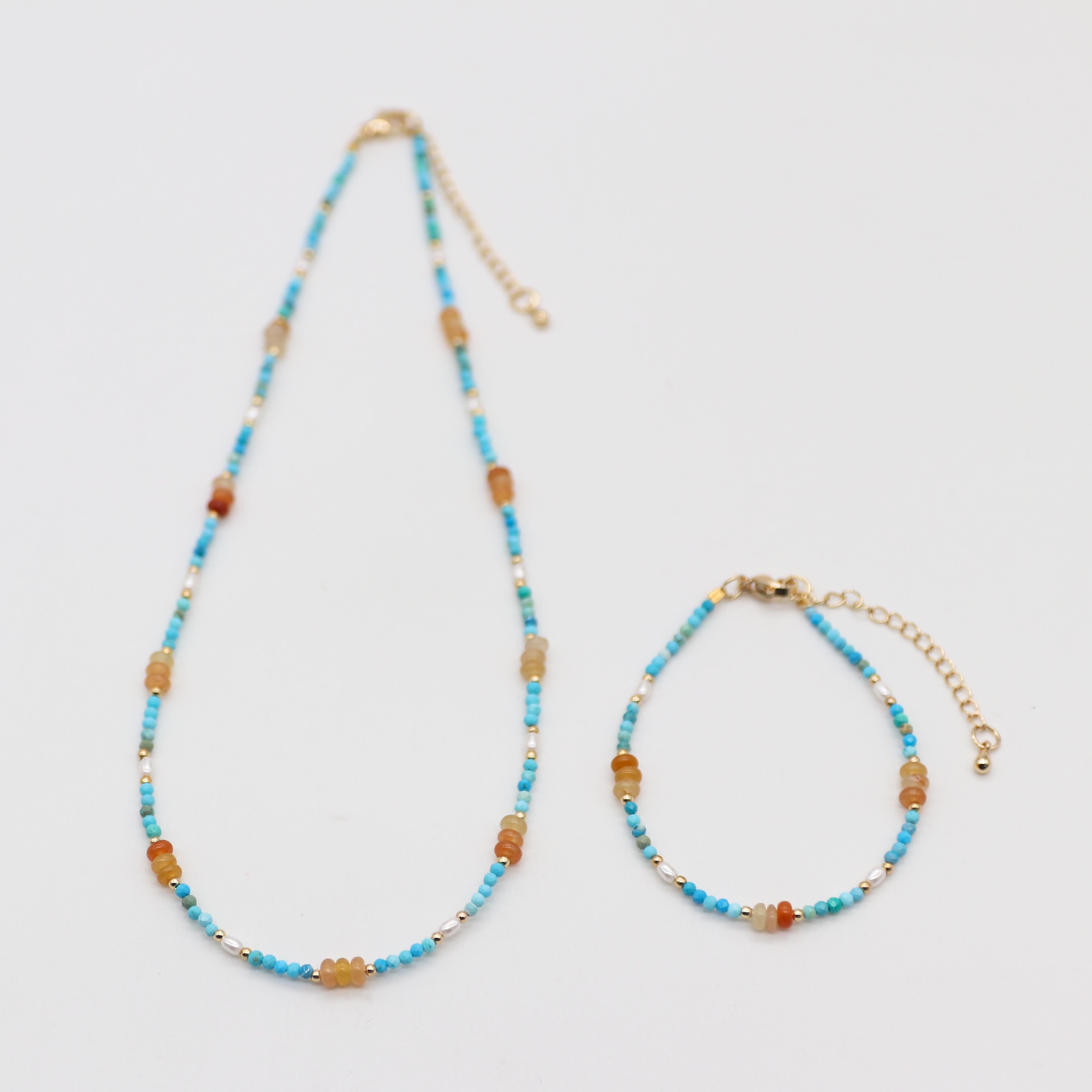 Fashion 2mm Faceted Turquoise and Red Aventurine Necklace & Bracelet Set
