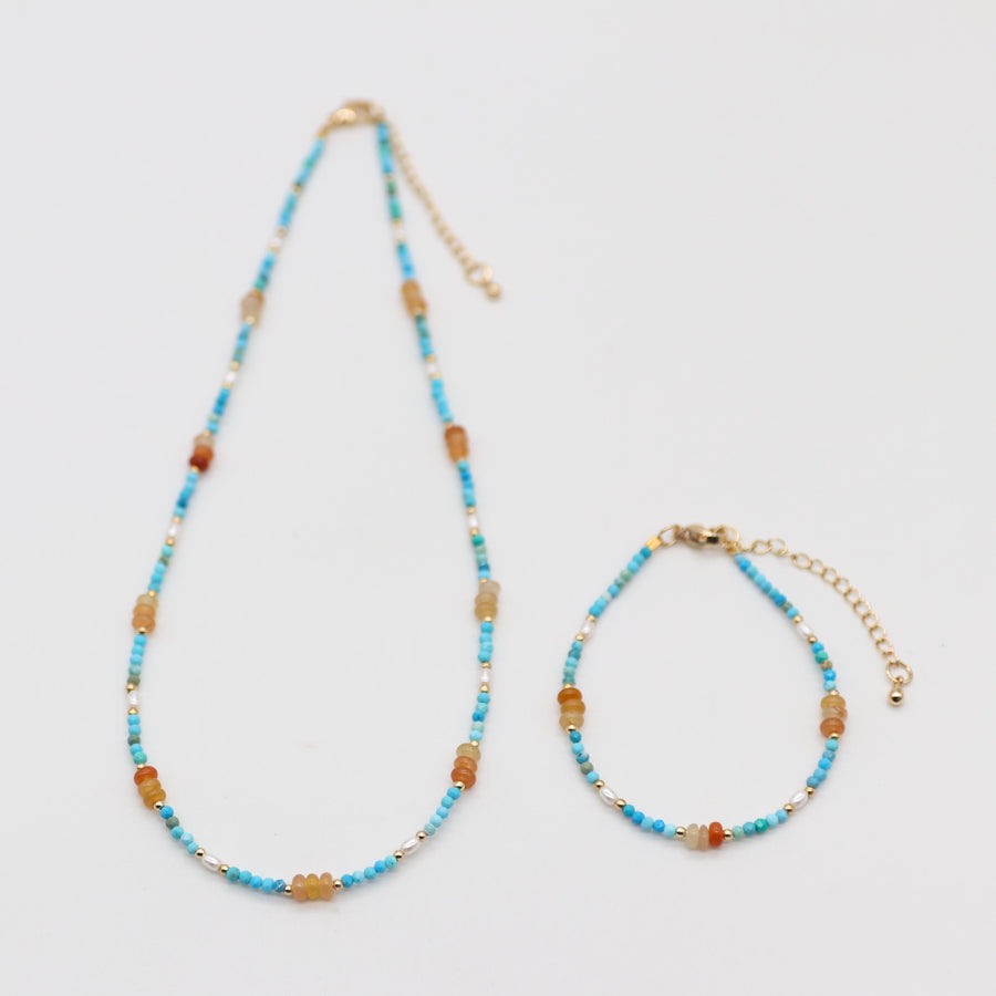 Fashion 2mm Faceted Turquoise and Red Aventurine Necklace & Bracelet Set