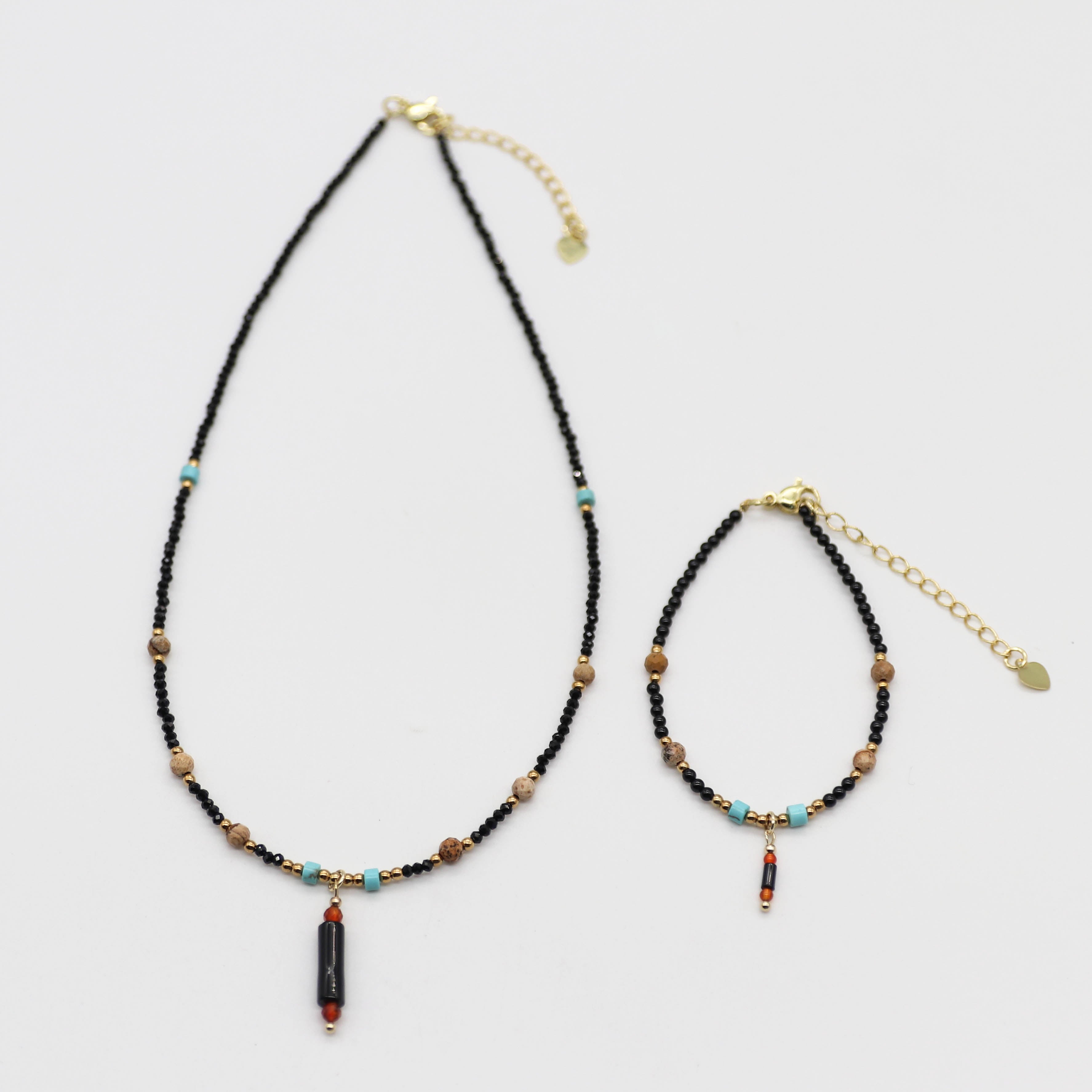 Nice 2mm Faceted Black Spinel And Picture Jasper Necklace & Bracelet Set
