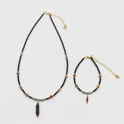Nice 2mm Faceted Black Spinel And Picture Jasper Necklace & Bracelet Set