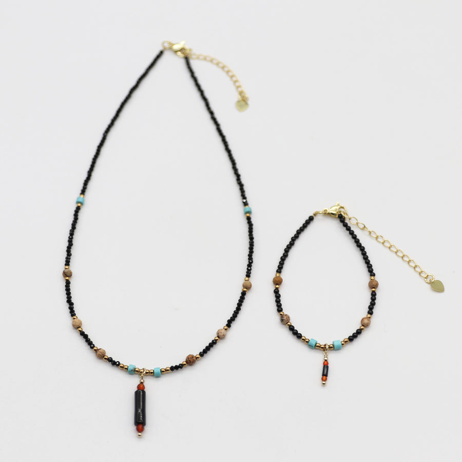 Nice 2mm Faceted Black Spinel And Picture Jasper Necklace & Bracelet Set
