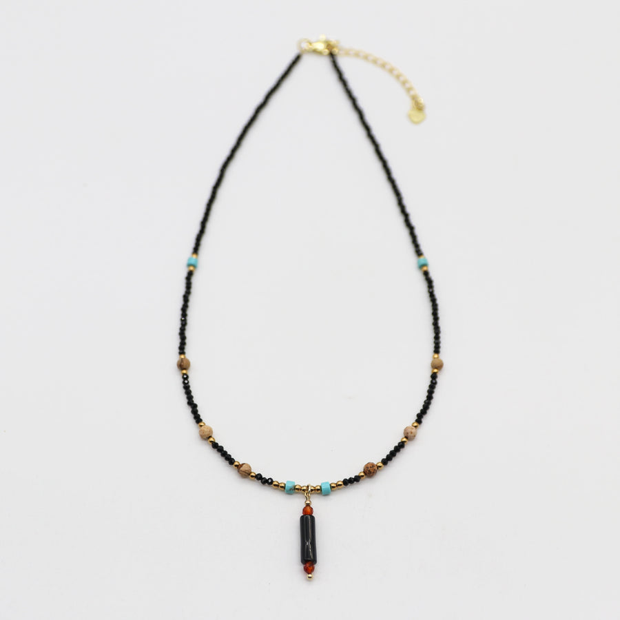 Nice 2mm Faceted Black Spinel And Picture Jasper Necklace & Bracelet Set