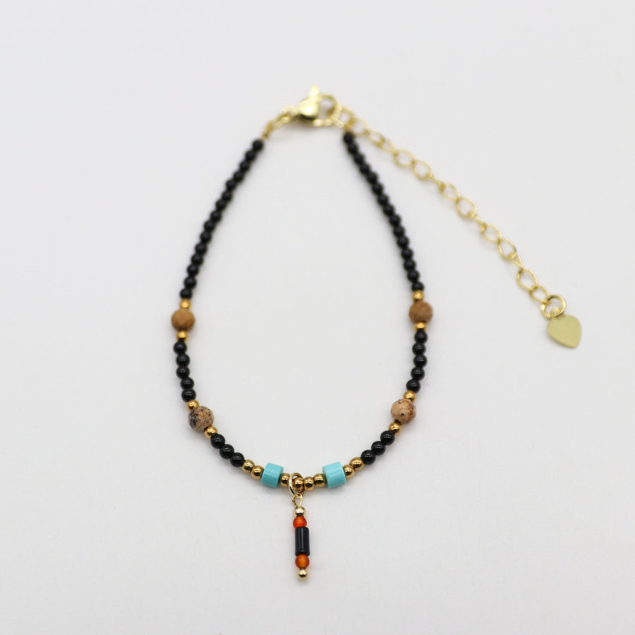 Nice 2mm Faceted Black Spinel And Picture Jasper Necklace & Bracelet Set