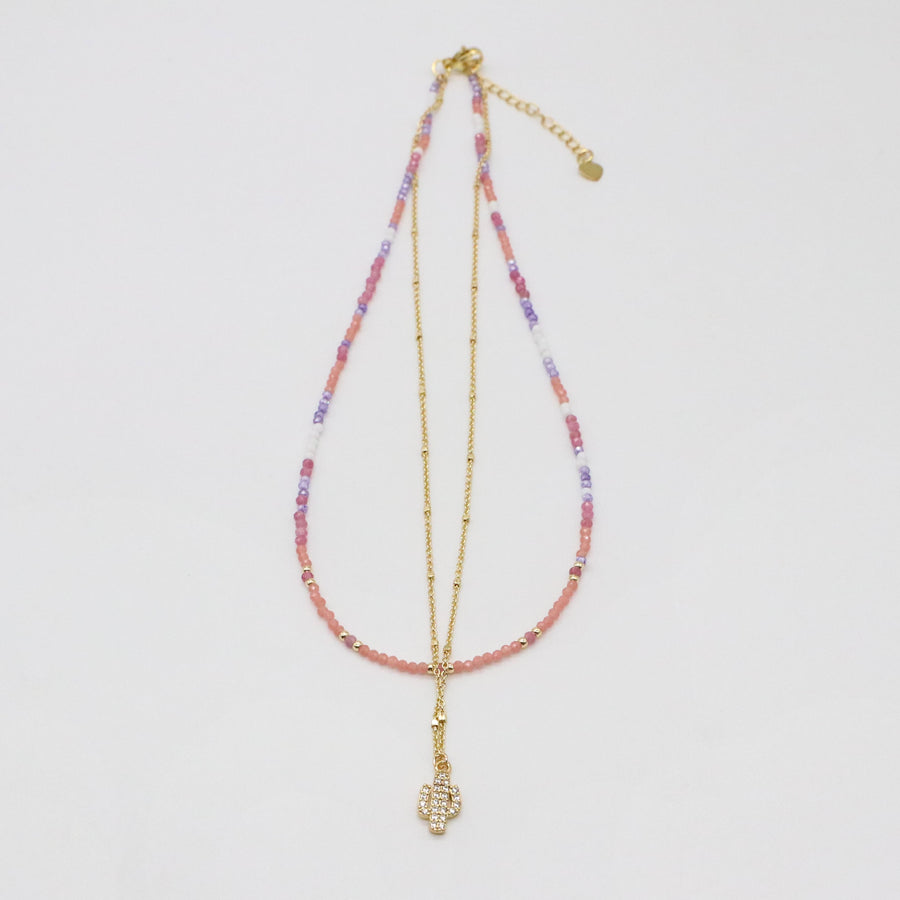 Nice 2mm Faceted Pink Tourmaline With Metal Chain Necklace & Bracelet Set