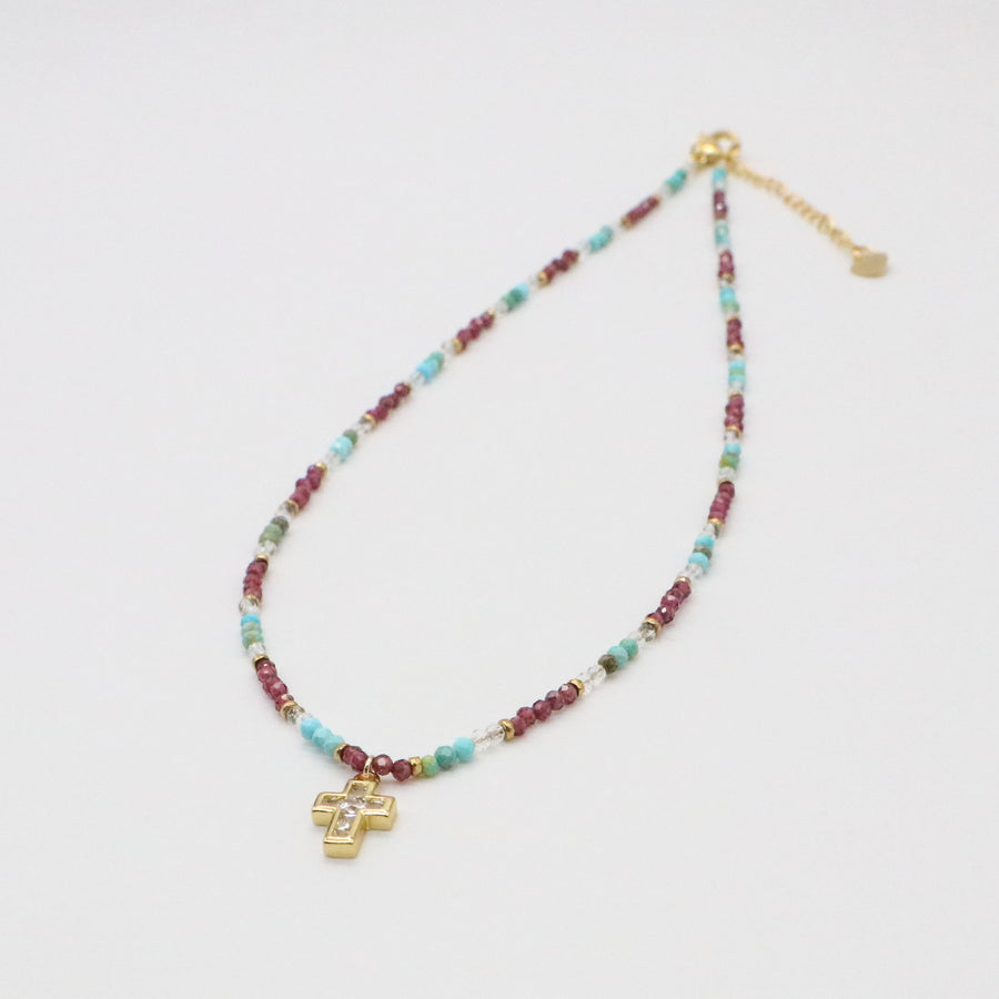 Nice 2mm Faceted Turquoise And Garnet Necklace & Bracelet Set