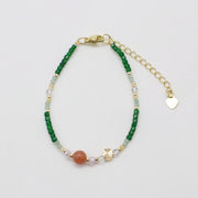 Nice 6mm Sun Stone And 2mm Cubic Green Jade Necklace & Bracelet Set