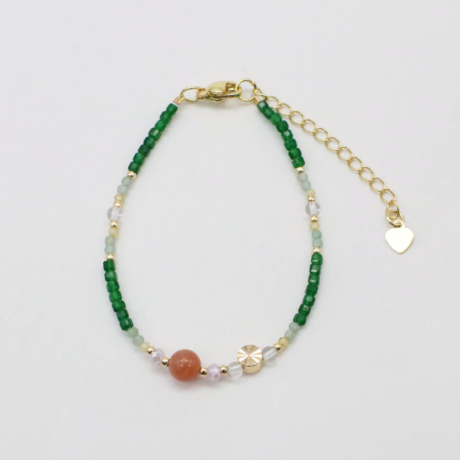 Nice 6mm Sun Stone And 2mm Cubic Green Jade Necklace & Bracelet Set