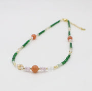 Nice 6mm Sun Stone And 2mm Cubic Green Jade Necklace & Bracelet Set