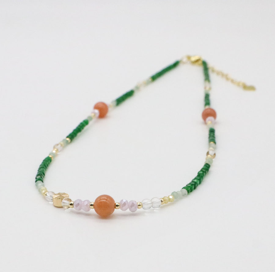 Nice 6mm Sun Stone And 2mm Cubic Green Jade Necklace & Bracelet Set