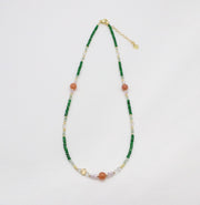 Nice 6mm Sun Stone And 2mm Cubic Green Jade Necklace & Bracelet Set