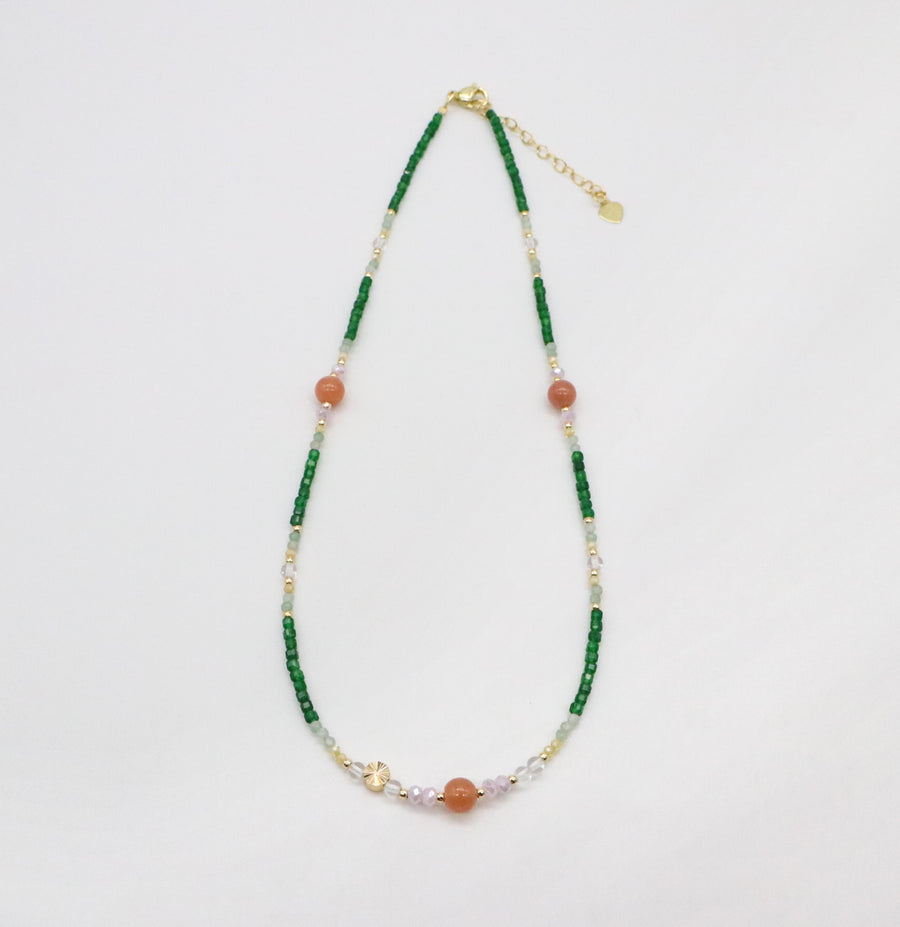 Nice 6mm Sun Stone And 2mm Cubic Green Jade Necklace & Bracelet Set