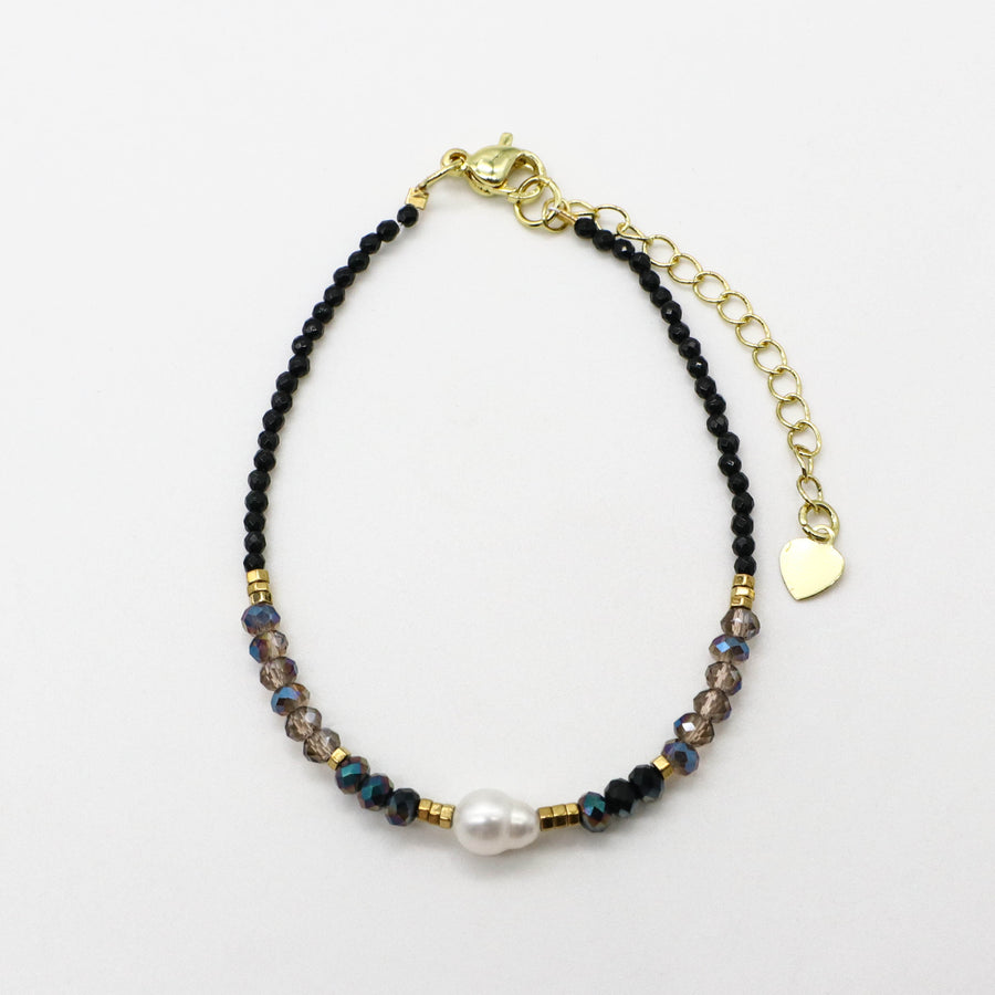 Nice 2mm Faceted Black Spinel With Shiny Crystal Beads Necklace & Bracelet Set