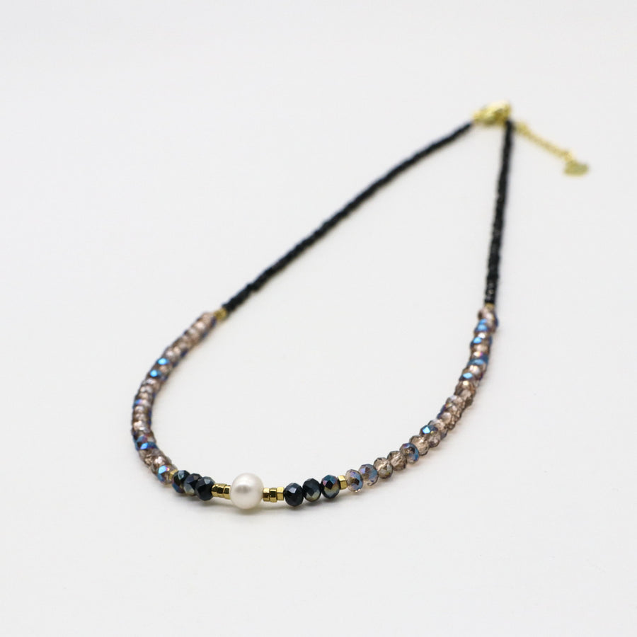 Nice 2mm Faceted Black Spinel With Shiny Crystal Beads Necklace & Bracelet Set