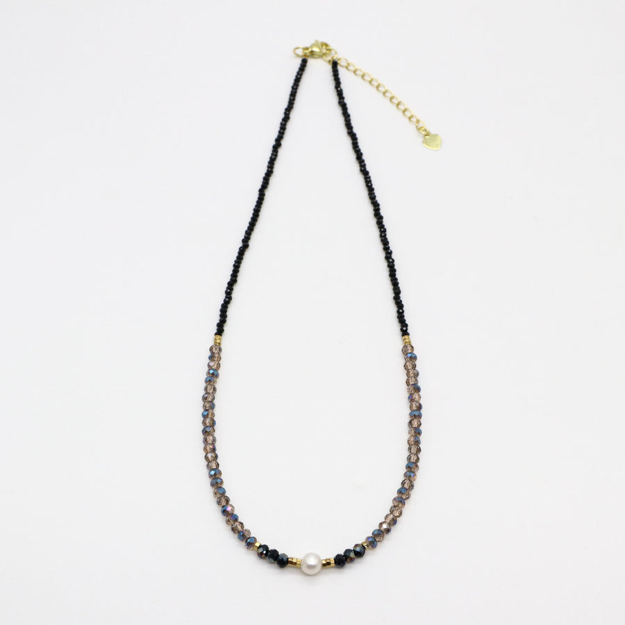 Nice 2mm Faceted Black Spinel With Shiny Crystal Beads Necklace & Bracelet Set