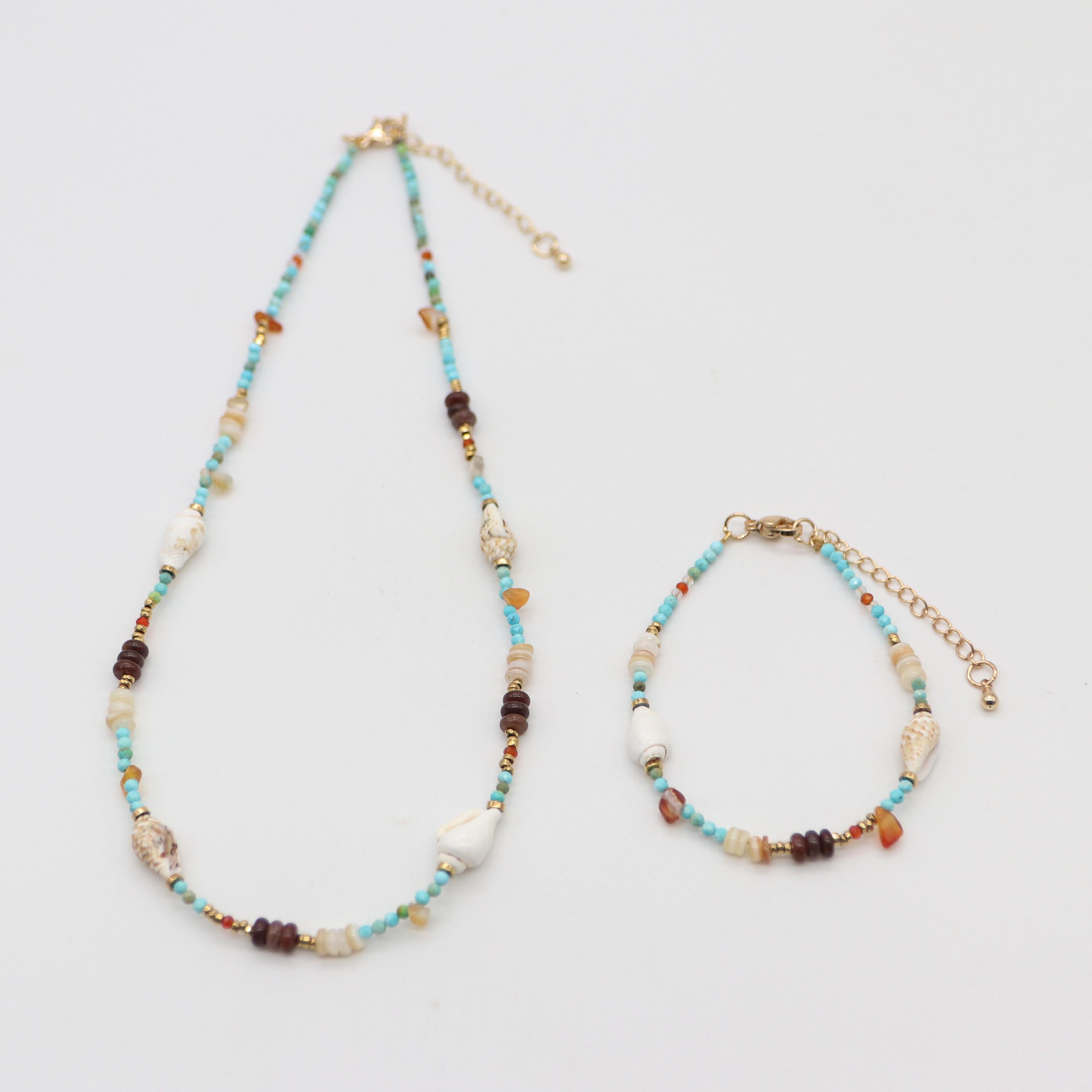 Nice 2mm Faceted Turquoise Beads With Shell Vacation Style Necklace & Bracelet Set