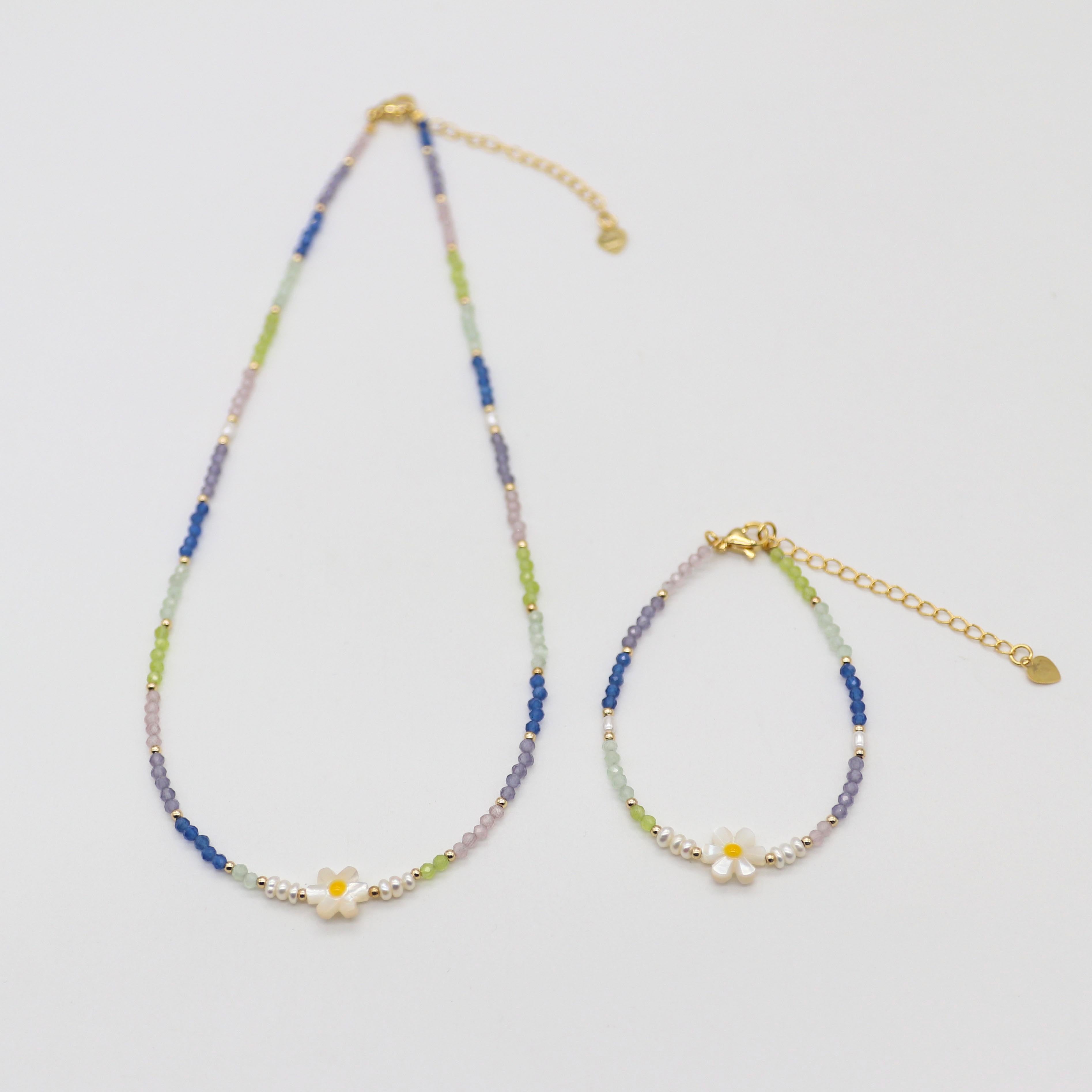 Nice 2mm Faceted Colored Zircon Beads With Fresh Water Pearl Sweet Style Necklace & Bracelet Set