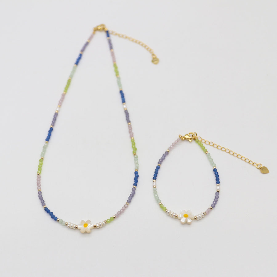 Nice 2mm Faceted Colored Zircon Beads With Fresh Water Pearl Sweet Style Necklace & Bracelet Set
