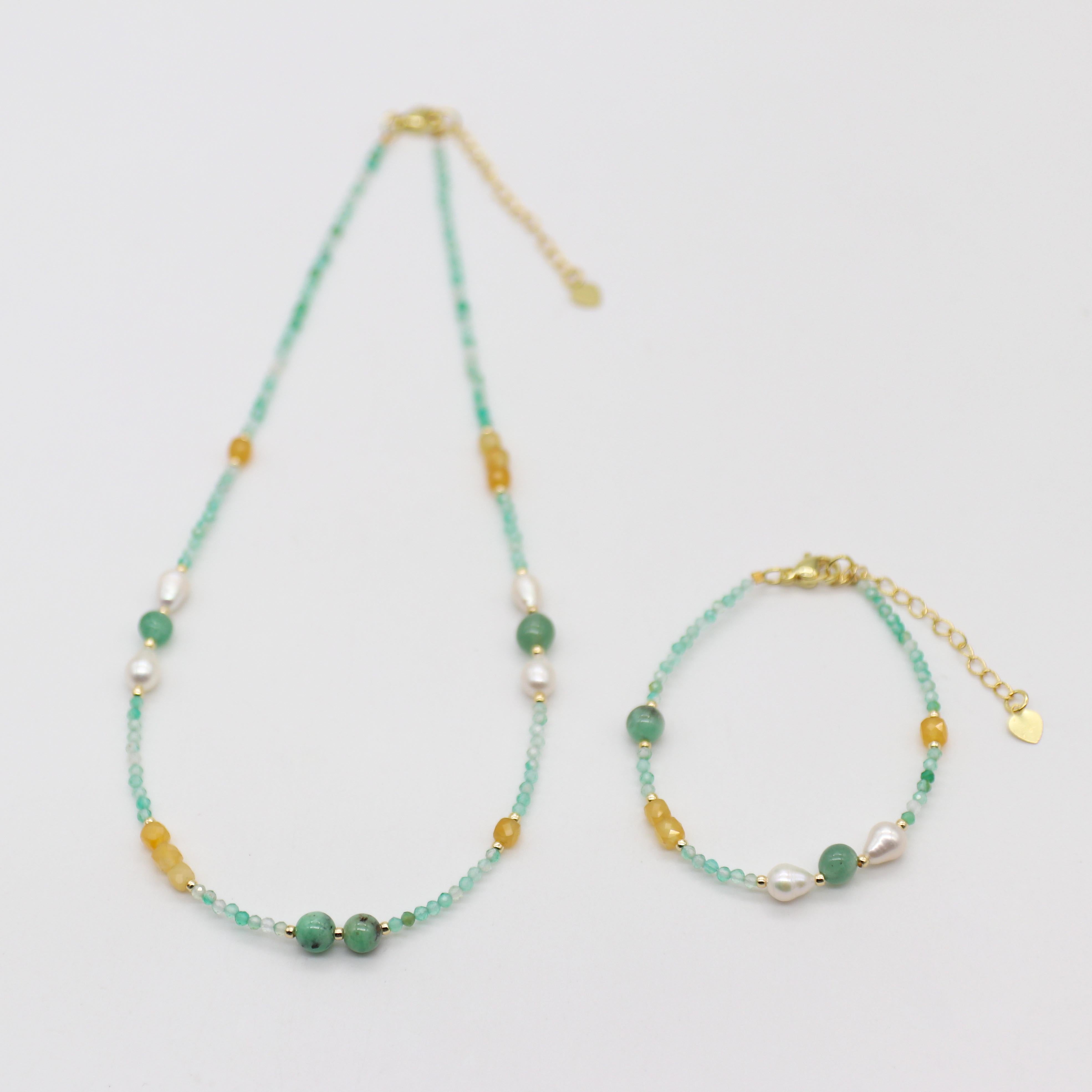 Nice 2mm Faceted Green Agate With 6mm Chrysoprase Necklace & Bracelet Set