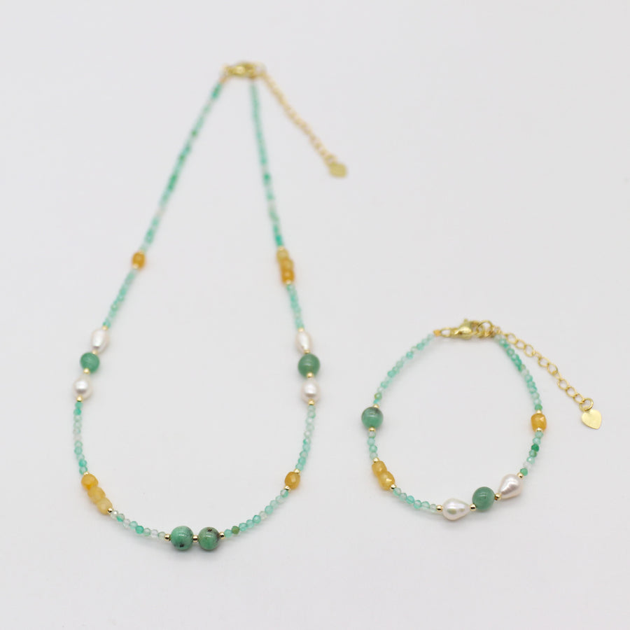 Nice 2mm Faceted Green Agate With 6mm Chrysoprase Necklace & Bracelet Set