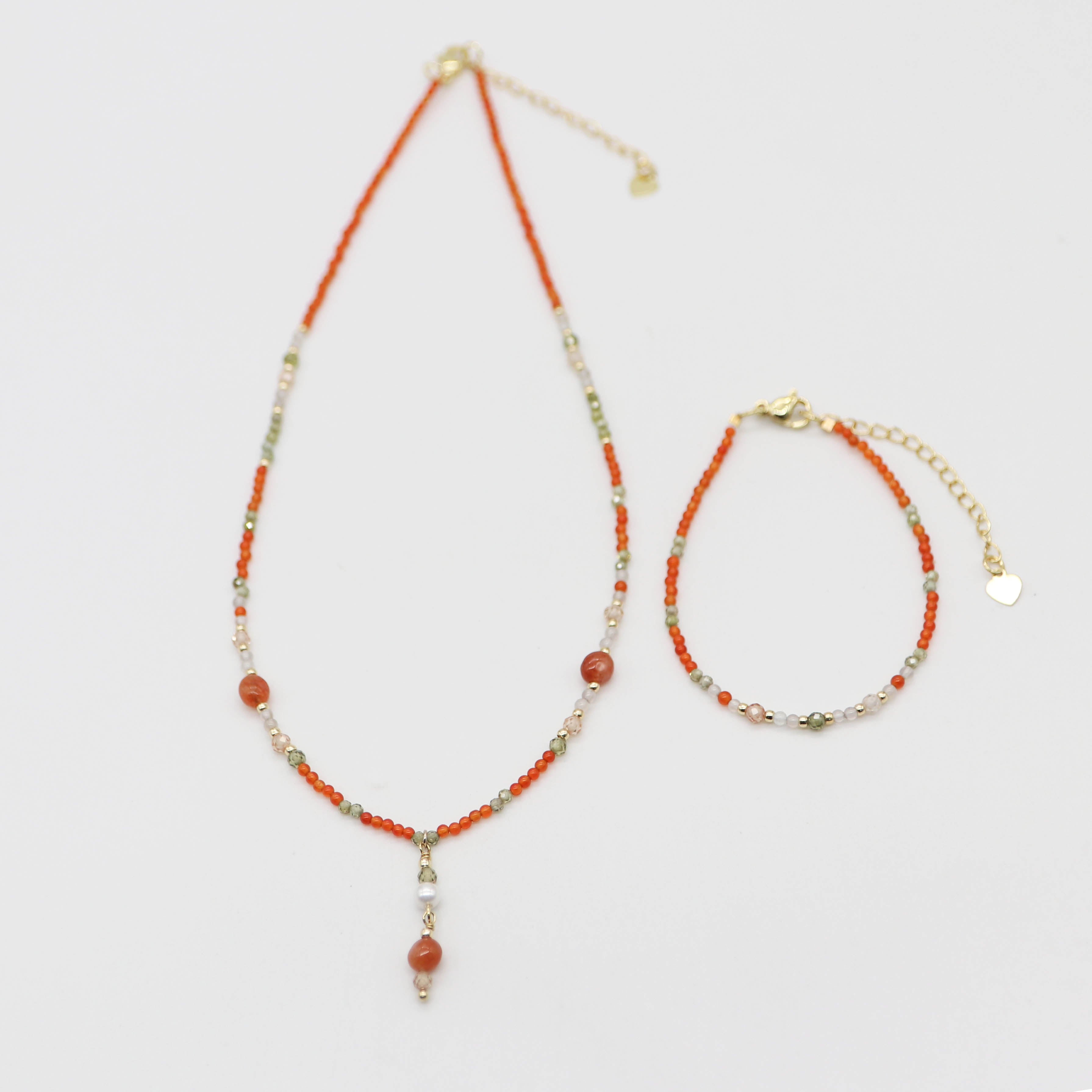Nice 2mm Red Carnelian With Zircon Necklace & Bracelet Set