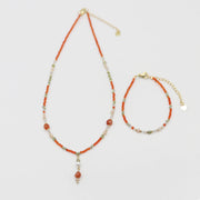 Nice 2mm Red Carnelian With Zircon Necklace & Bracelet Set