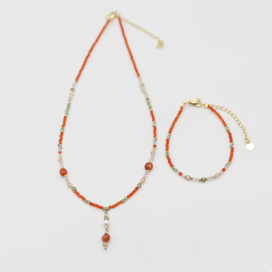 Nice 2mm Red Carnelian With Zircon Necklace & Bracelet Set