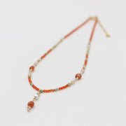 Nice 2mm Red Carnelian With Zircon Necklace & Bracelet Set