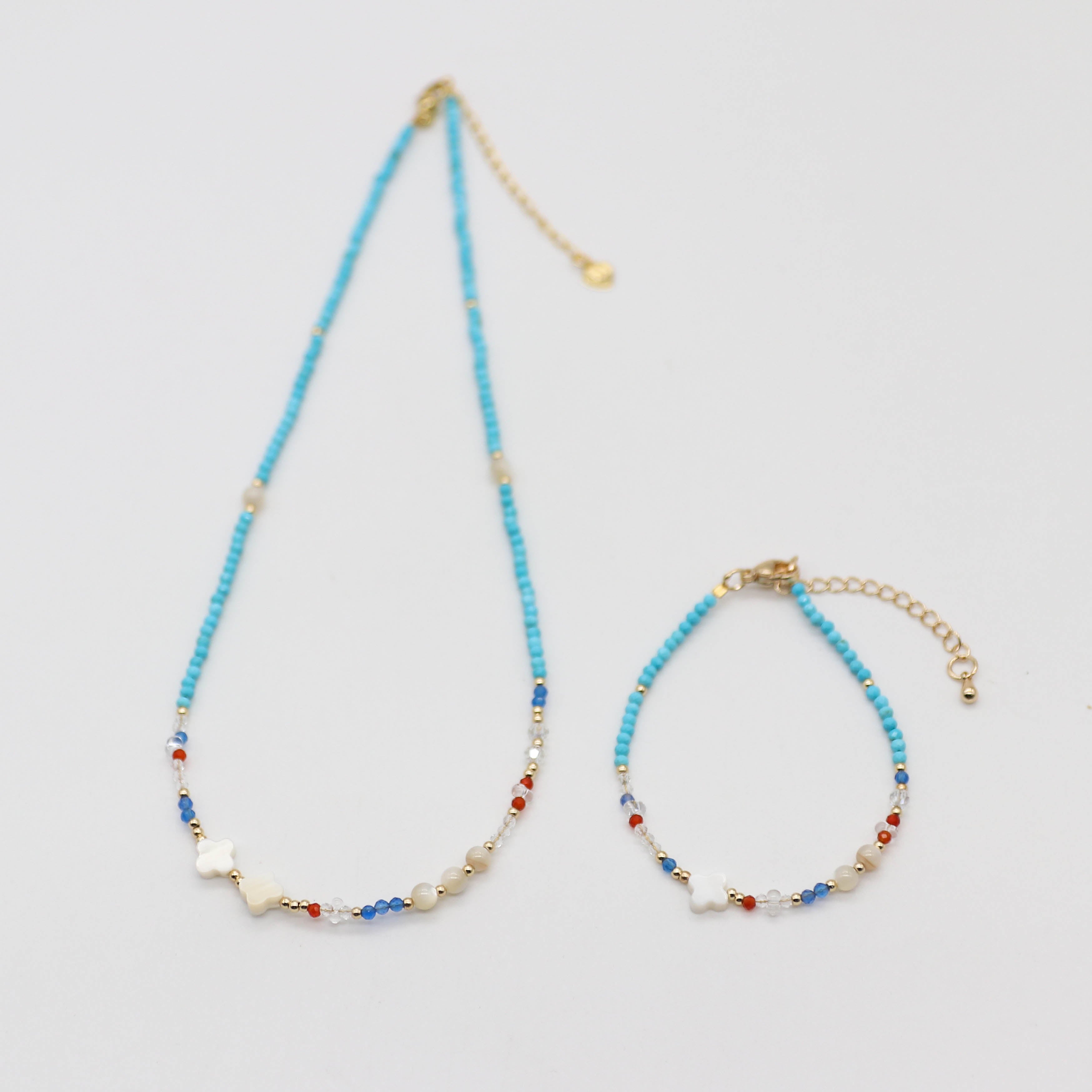 Nice 2mm Faceted Turquoise With MOP Clover Necklace & Bracelet Set
