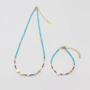 Nice 2mm Faceted Turquoise With MOP Clover Necklace & Bracelet Set
