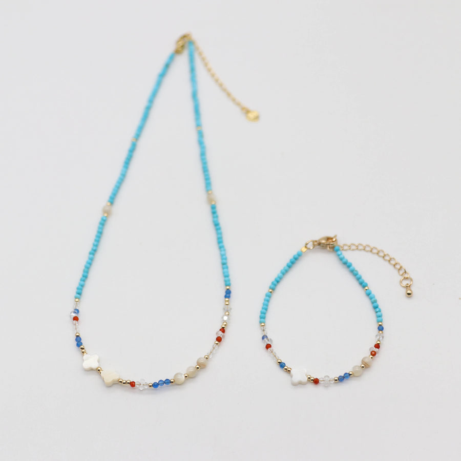 Nice 2mm Faceted Turquoise With MOP Clover Necklace & Bracelet Set