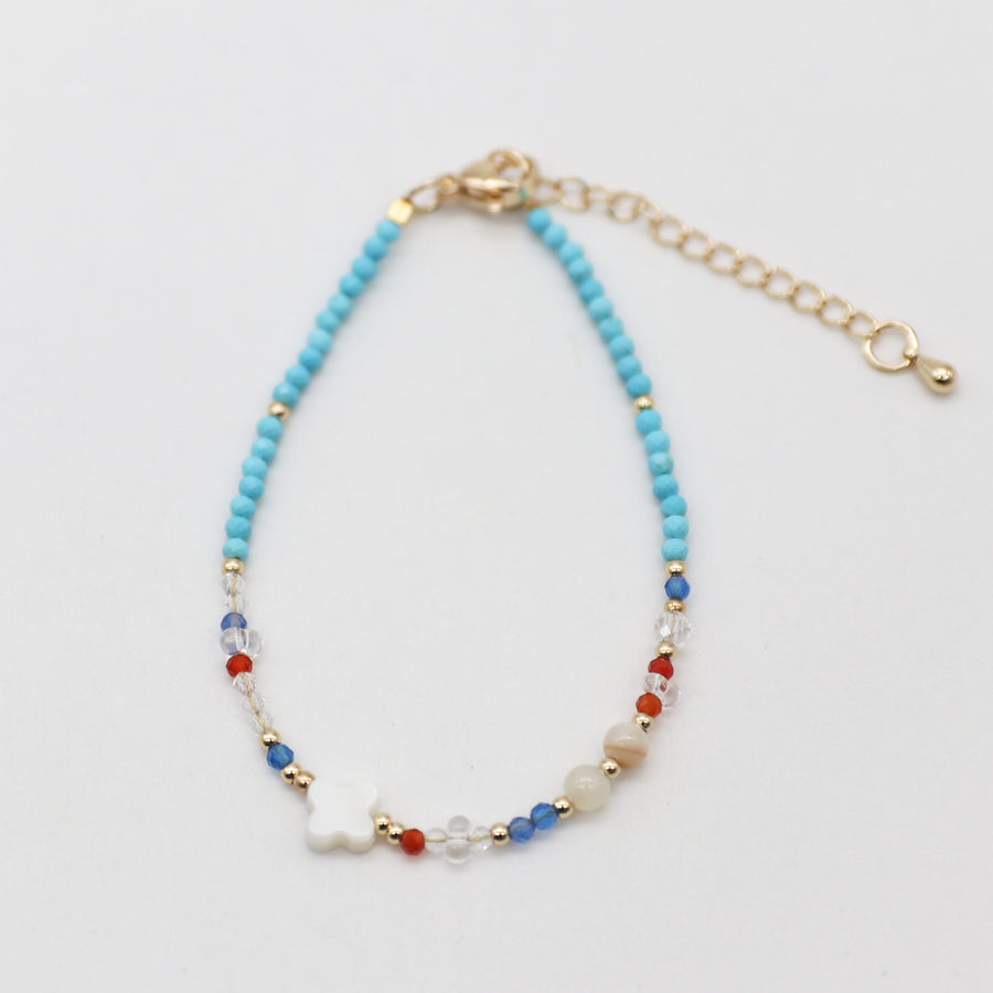 Nice 2mm Faceted Turquoise With MOP Clover Necklace & Bracelet Set
