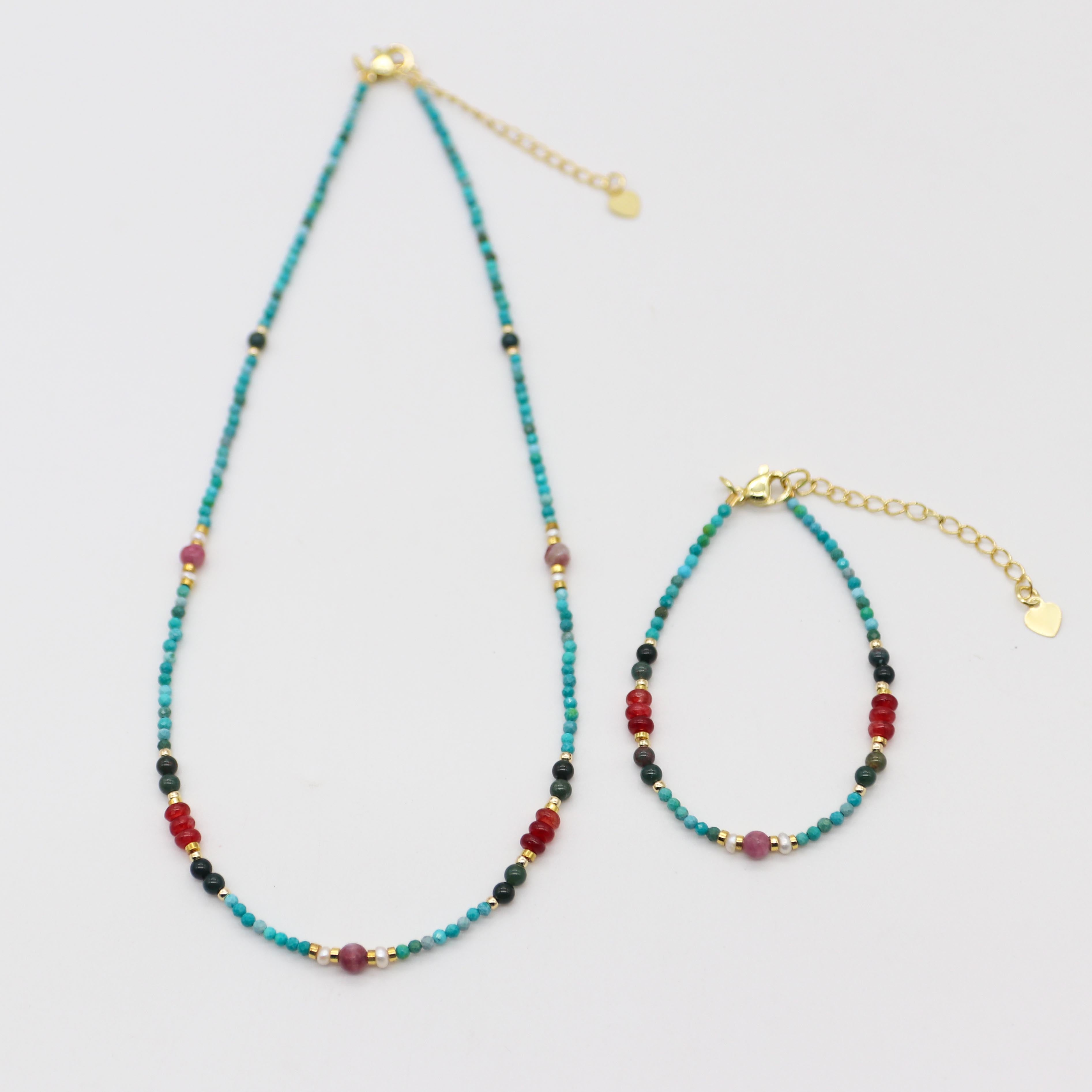 Fashion 2mm Faceted Turquoise With Jade Beads Necklace & Bracelet Set