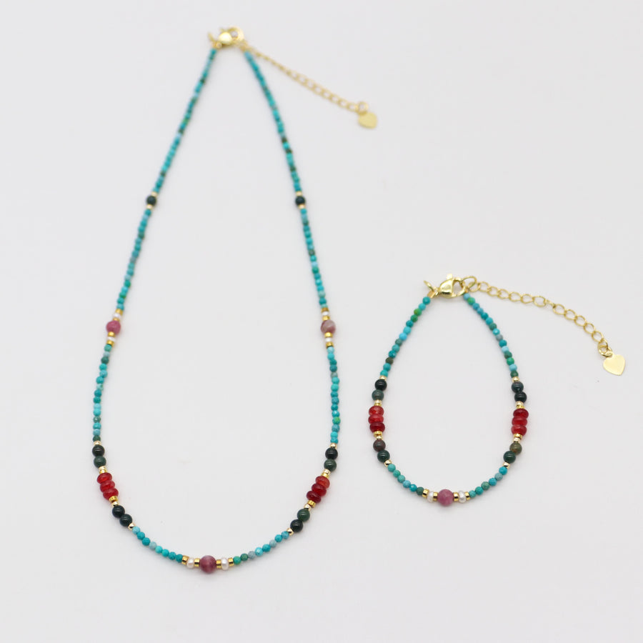 Fashion 2mm Faceted Turquoise With Jade Beads Necklace & Bracelet Set