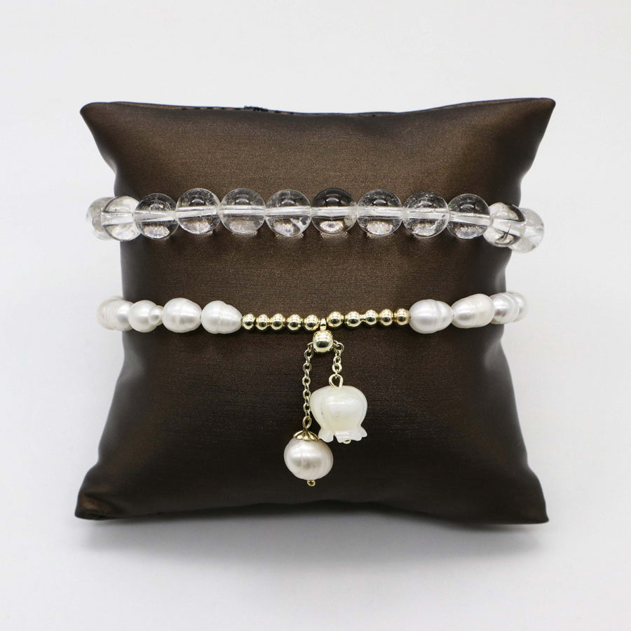 Elegant White Style Pearls And AAA Grade Crystal Bracelet Set