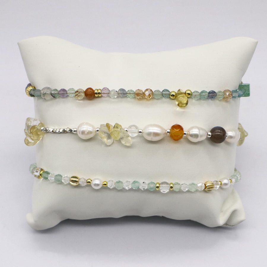 Trendy Crystal Pearl Stackable Bracelet Set for Lady Green Yellow Natural Stone Layered Bracelets [B116]
