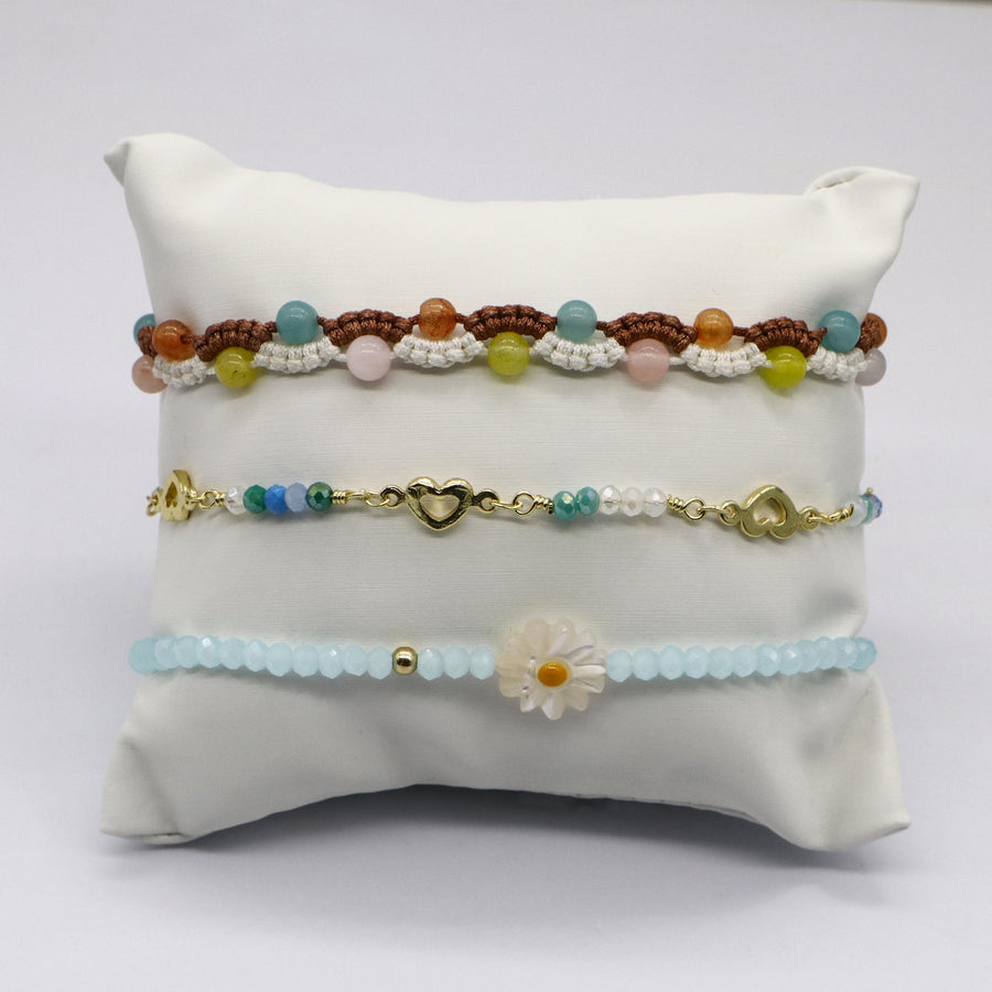 Boho Daisy Aquamarine Stack Hand knitted Bracelet Set [B118]