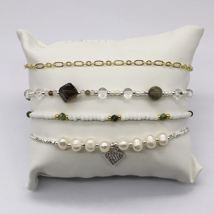 Minimalist Pearl and Smoky Quartz Stack Bracelet Set [B120]