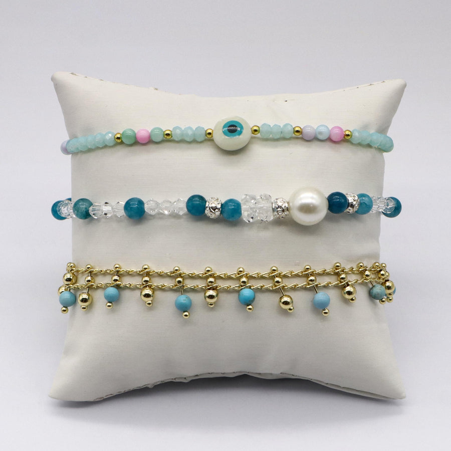 Ocean Vibe Blue Apatite and Pearl Charm Bracelet Set [B121]