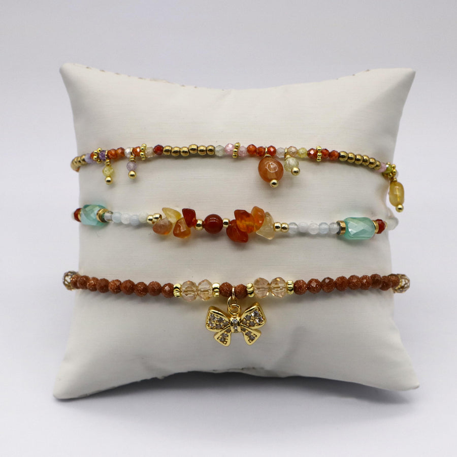 Warm Sunset Vibe Natural Stone Layered Bracelet Set with Bow Charm [B127]