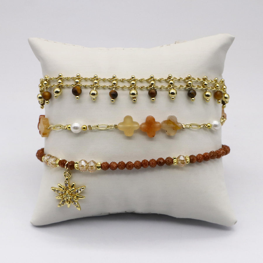 Warm Sun Charm Stackable Bracelet Set with Tiger's Eye and Gold Sand Stone [B129]