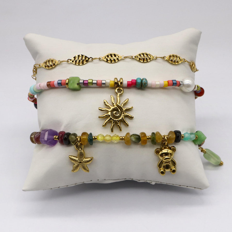 Colorful Glass Beads and Natural Stone Stainless Steel Bracelets with Cute Gold Charms [B130]