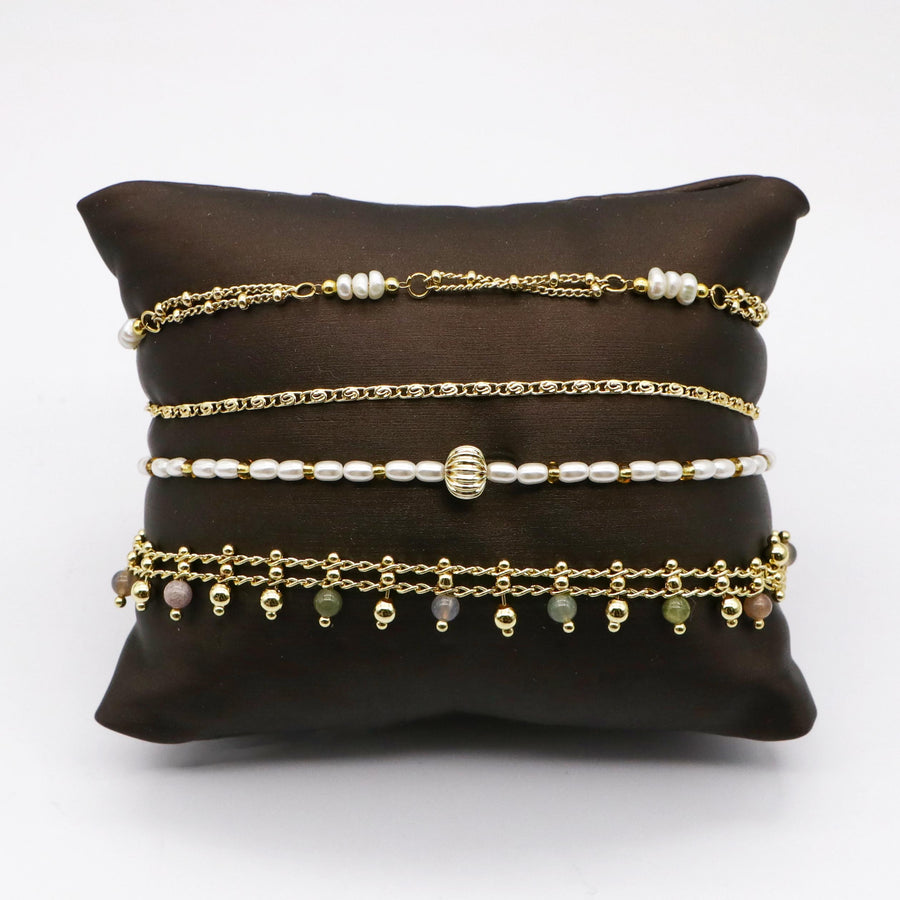 Elegant Pearl and Stone Metallic Style Bracelet Set  [B132]