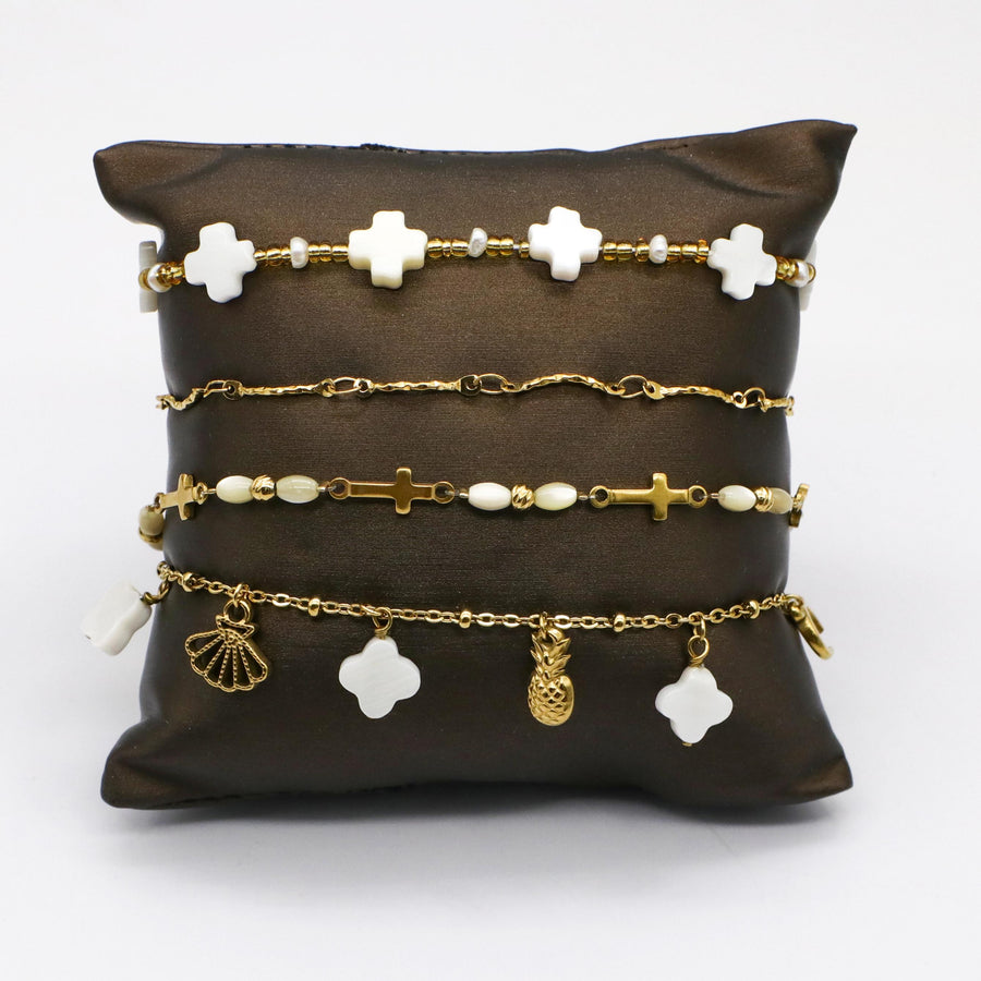 Stainless Steel With MOP Clover and Cross Gold Plated Layered Bracelet Set [B139]
