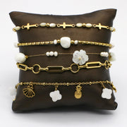 Boho Stainless Steel Gold Plated Stackable Bracelet Set with Mother of Pearl Flower [B140]