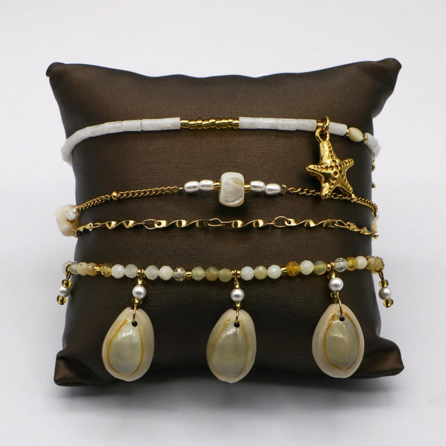 Summer Season Cowrie and Starfish Stainless Steel Gold Plated Layered Bracelet Set [B141]