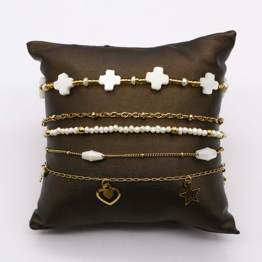 Boho Gold Plated Stackable Bracelet Set with White Clover [B142]
