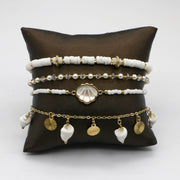 Shell and Pearl Gold Plated Layered Bracelet Stack Set [B143]