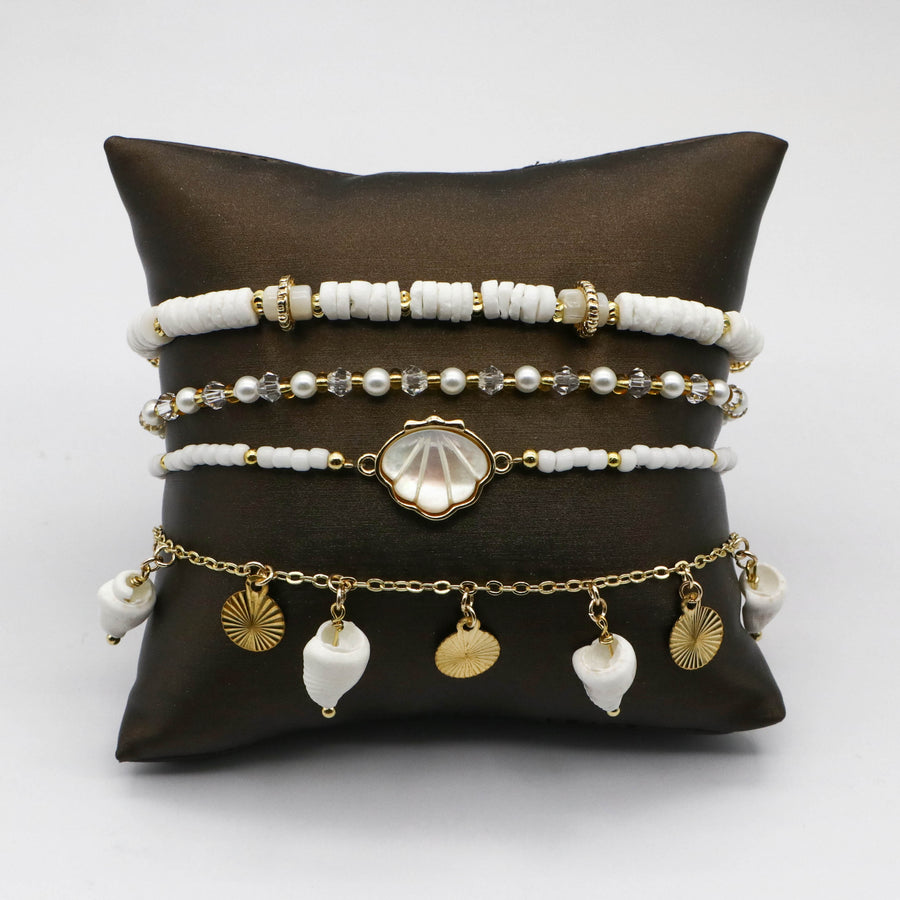 Shell and Pearl Gold Plated Layered Bracelet Stack Set [B143]