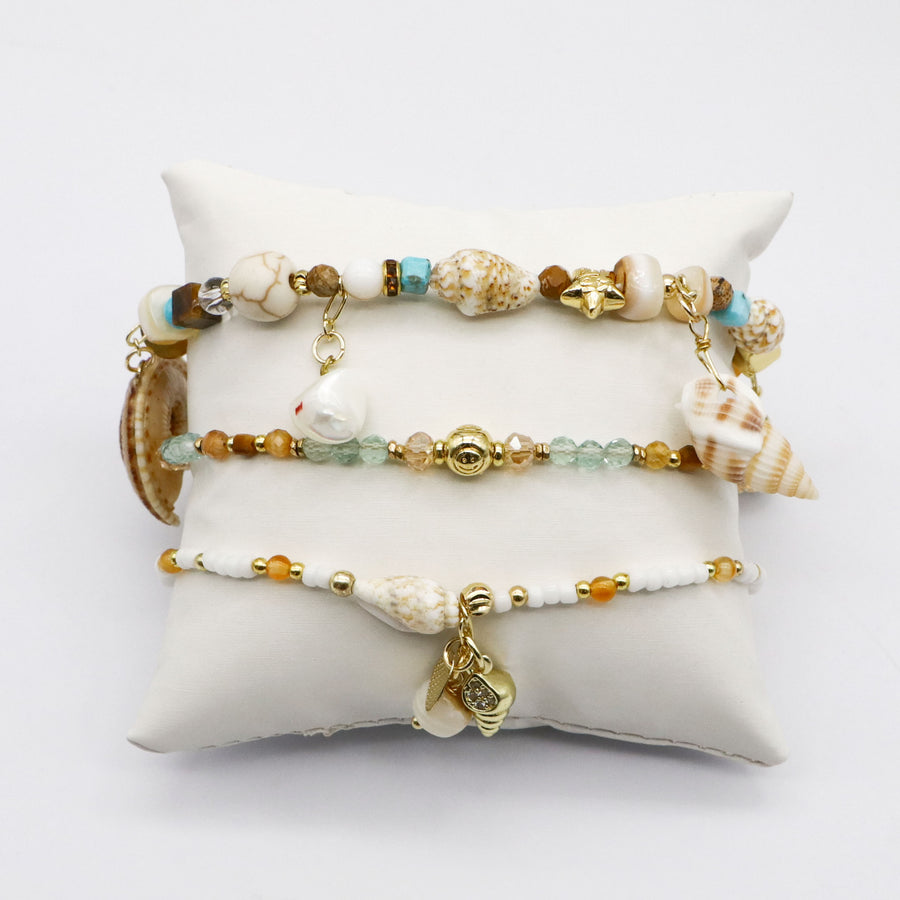 Boho Coastal Wanderer Layered Bracelet Set with Ocean Shell Charms [B155]